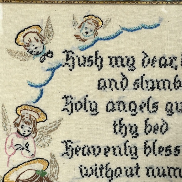 Vintage Framed Prayer Embroidered Childs Bedtime Angels Signed Dated 1940 - Picture 5 of 8